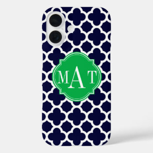 Quatrefoil Navy Blue und Kelly Green Monogram iPhone 16 Hülle