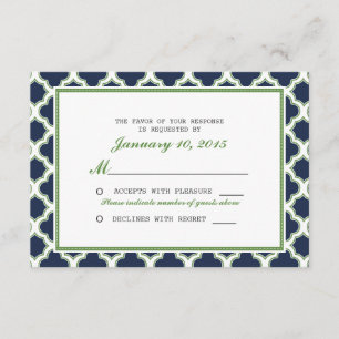 Quatrefoil Pattern Navy Blue & Green Wedding RSVP Karte