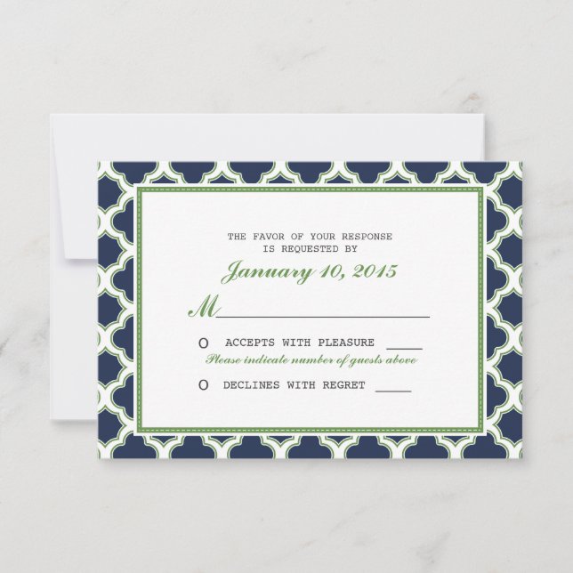 Quatrefoil Pattern Navy Blue & Green Wedding RSVP Karte (Vorderseite)