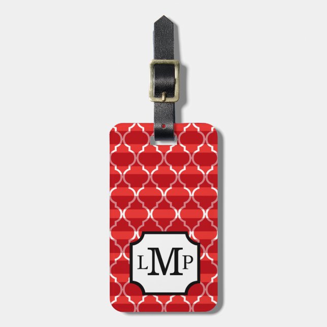 Quatrefoil Schatten Stripes Rot des Monogramms | Gepäckanhänger (Vorderseite vertikal)