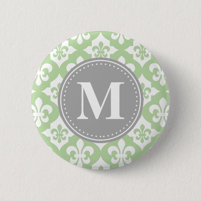 Quatrefolie Fleur-De-Lis Mint Green Gray Monogram Button (Vorderseite)