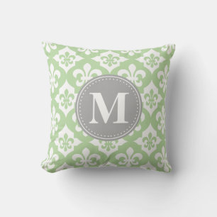 Quatrefolie Fleur-De-Lis Mint Green Gray Monogram Kissen