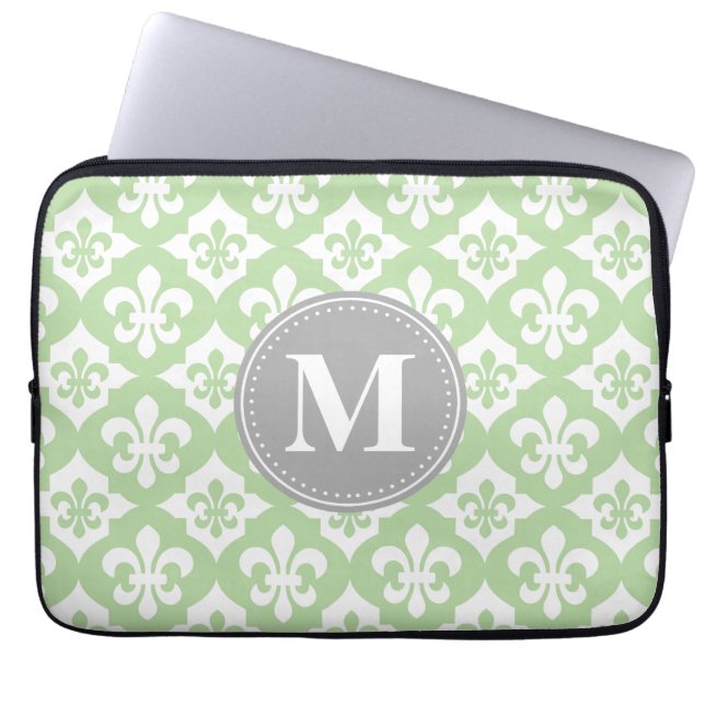 Quatrefolie Fleur-De-Lis Mint Green Gray Monogram Laptopschutzhülle (Vorderseite)