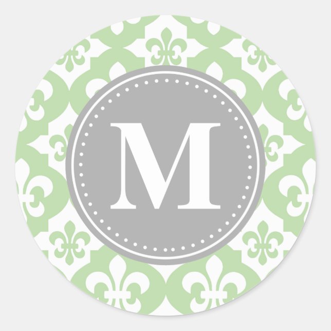 Quatrefolie Fleur-De-Lis Mint Green Gray Monogram Runder Aufkleber (Vorderseite)
