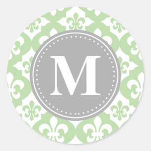 Quatrefolie Fleur-De-Lis Mint Green Gray Monogram Runder Aufkleber