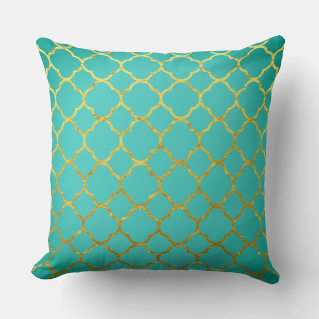 Quatrefolien Gold Muster Aquamarin Blue Seafoam La Kissen (Vorderseite)