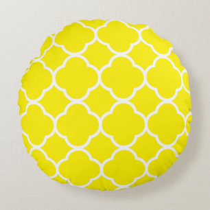 Quatrefolienmuster Bright Sunshine Yellow White Rundes Kissen