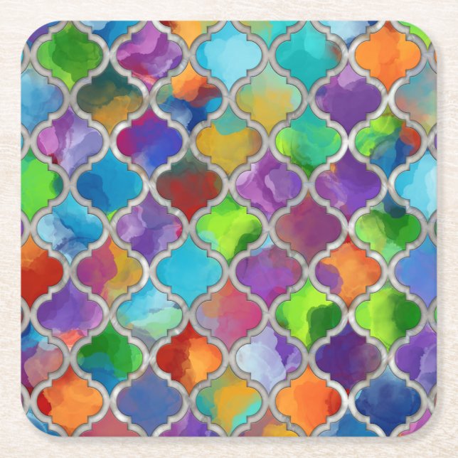 Quatrefolienmuster - Farbige Wasserfarbe Rechteckiger Pappuntersetzer (Vorderseite)