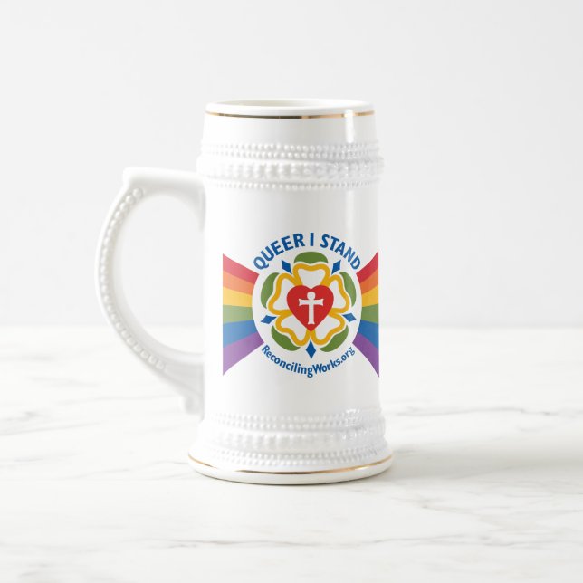 "Que stehe ich" Stein Bierglas (Links)