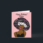 Queen African American Mother Birthday Karte<br><div class="desc">Diese farbenfrohe Karte zeigt eine afroamerikanische Frau mit einem üppigen Afro voller inspirierender Worte.  Diese Geburtstagskarte ist für Ihre lustige,  liebevolle und junge Herzmutter.</div>
