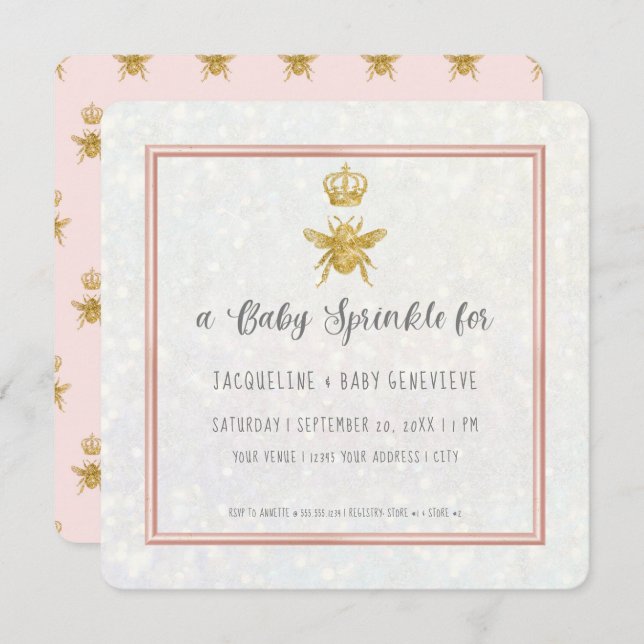 Queen Bee Crown Gold Glitzer Rosa Girl Einladung (Vorne/Hinten)