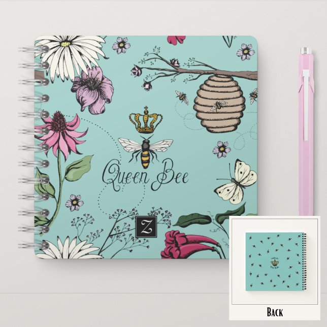 Queen Bee & Crown Turquoise Floral Monogram Notizbuch (Royal Queen Bee Hand-Drawn Design & Monogram
On the Back: Pattern & Editable "Mommy You Rule" Text)