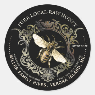 Queen Bee Gold Verziert Frame Honey Label Black Runder Aufkleber