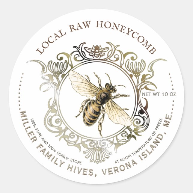 Queen Bee Gold Verziert Frame Raw Honeycomb Label Runder Aufkleber (Vorderseite)