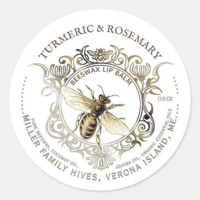 Queen Bee Gold Verzierte Rahmen Bienenwachs Lip Ba Runder Aufkleber (Vorderseite)