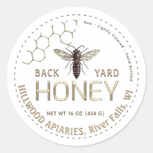 Queen Bee Honey Jar Label Row Back Yard Honig Runder Aufkleber