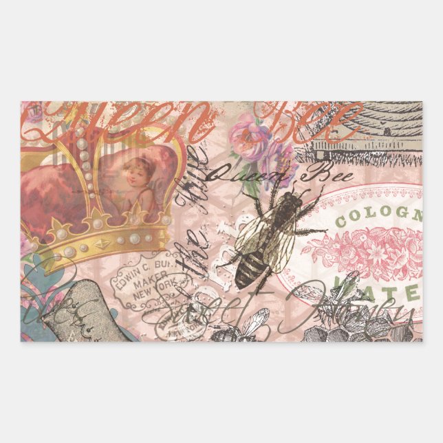 Queen Bee Vintag schöne Collage Rechteckiger Aufkleber (Vorderseite)
