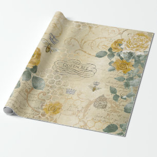 Queen Bee Vintage Golden Roses Floral Geschenkpapier
