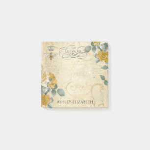 Queen Bee Yellow Gold Rose Floral Monogramm 3x3 Post-it Klebezettel