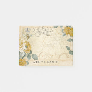 Queen Bee Yellow Gold Rose Floral Monogramm 4x3 Post-it Klebezettel