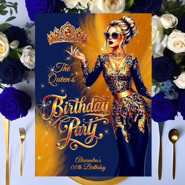 Queen Birthday Gold Orange Navy Blue Dress Party Einladung (Von Creator hochgeladen)