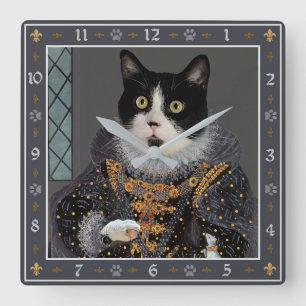 Queen Cat Tuxedo Kitty Funny Renaissance Portrait Quadratische Wanduhr