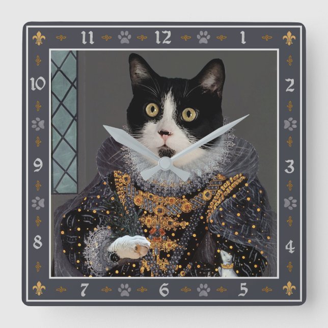 Queen Cat Tuxedo Kitty Funny Renaissance Portrait Quadratische Wanduhr (Vorderseite)