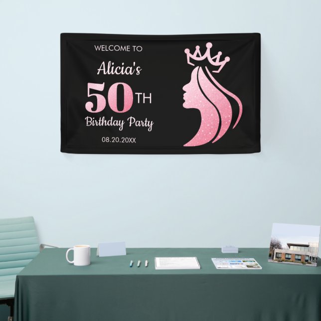 Queen Crown Pink Glitzer Black 50. Geburtstag Banner (Messeveranstaltung)