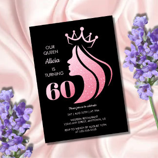Queen Crown Pink Glitzer Black 60. Geburtstag Einladung