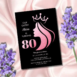 Queen Crown Pink Glitzer Black 80. Geburtstag Einladung