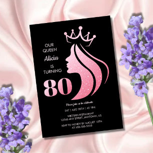Queen Crown Pink Glitzer Black 80. Geburtstag Einladung