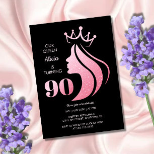 Queen Crown Pink Glitzer Black 90. Geburtstag Einladung