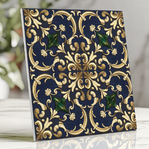 Queen Esther Damask Scroll Navy Blue Gold Fliese