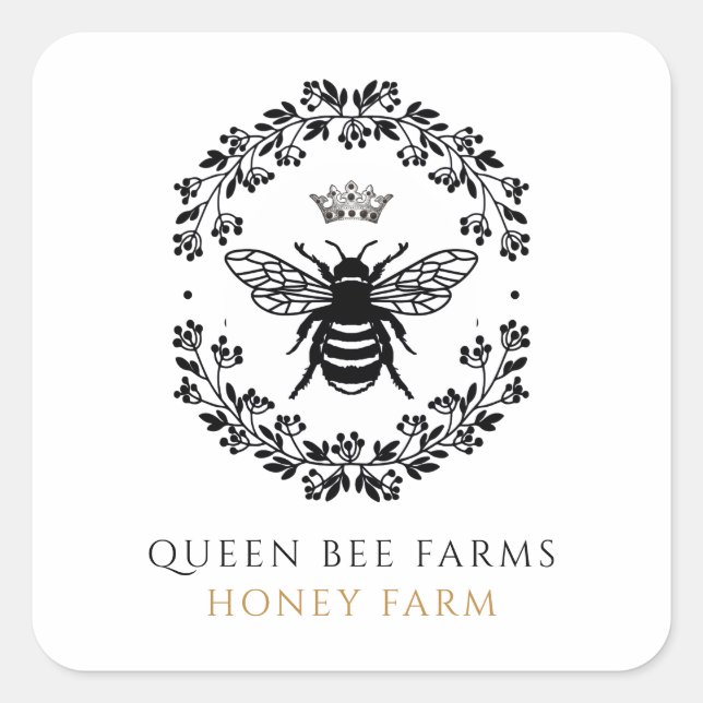Queen Honey Bee Black White Gold Product Labels Quadratischer Aufkleber (Vorderseite)