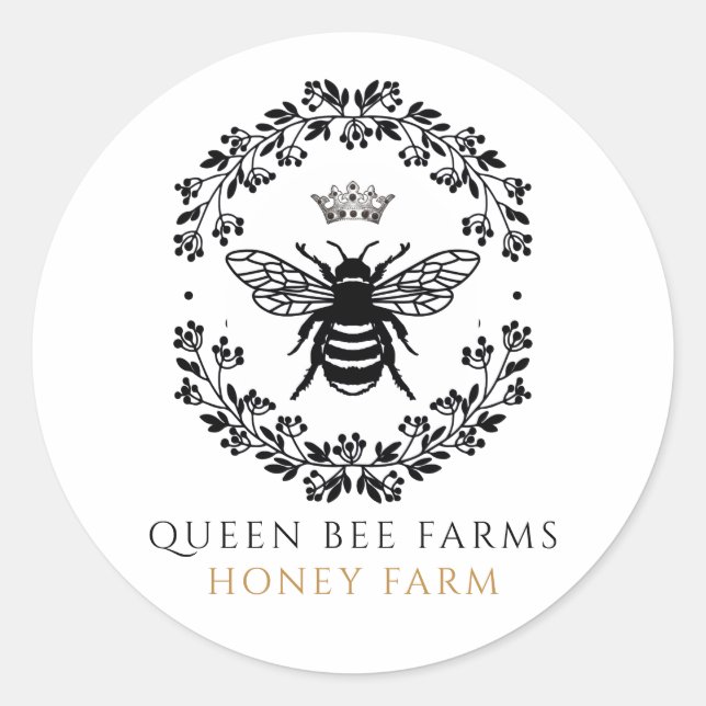 Queen Honey Bee Black White Gold Product Labels Runder Aufkleber (Vorderseite)