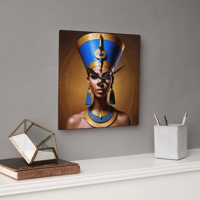 "Queen Nefertiti" Schöne antike afrikanische König Quadratische Wanduhr (Büro)