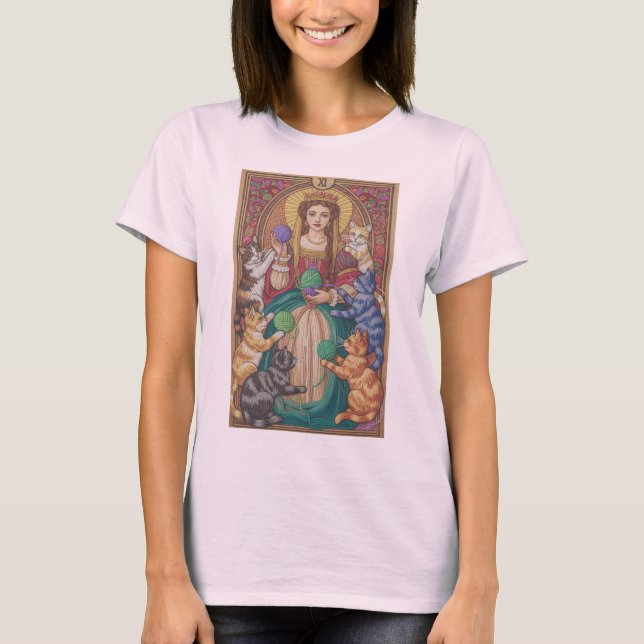Queen Of Cats Tarot Card Shirt, Yarn Art Design T-Shirt (Vorderseite)