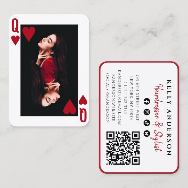 Queen of Hearts Photo QR Code Social Hairdresser Visitenkarte (Vorne/Hinten)