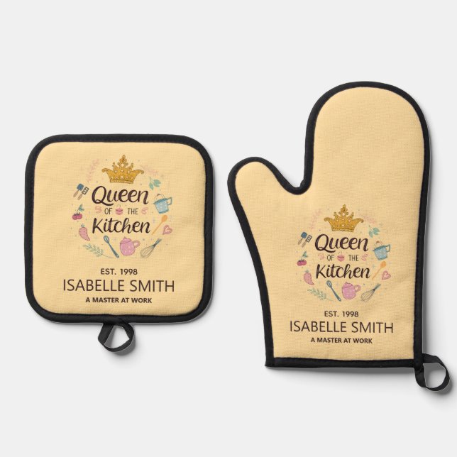 Queen of the Kitchen Custom Name Design Ofenhandschuh & Topflappen-Set (Vorderseite)