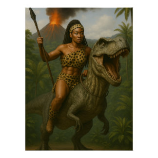 Queen of the Wild – Amazon Warrior on Dinosaur Poster