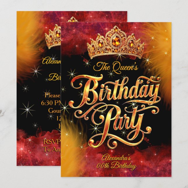 Queen Princess Birthday Gold Orange Red Party Einladung (Vorne/Hinten)