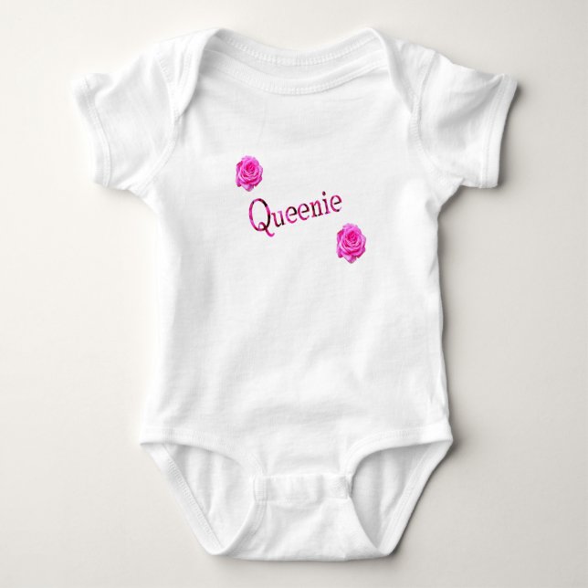 Queenie, Name mit rosa Rosen, Baby Bodysuit Baby Strampler (Vorderseite)