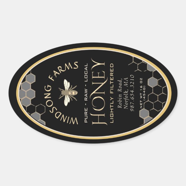 Queenline Honey Label 16/32oz Honeycomb Bee Black Ovaler Aufkleber (Vorderseite)