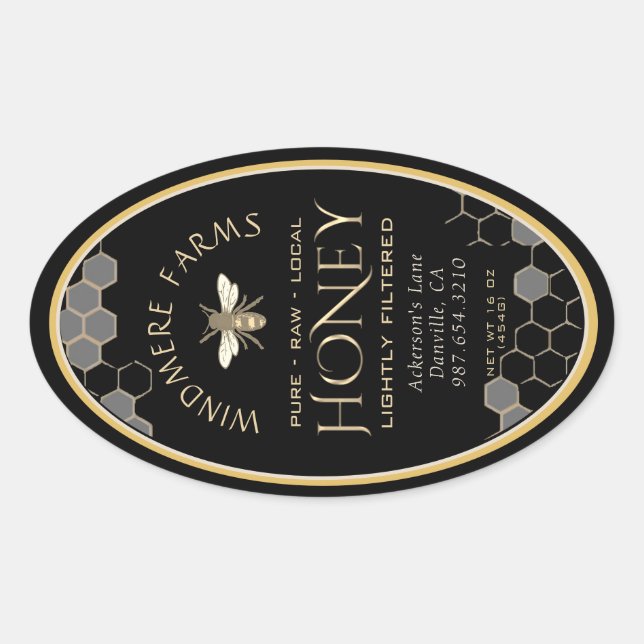 Queenline Honey Label 16/32oz Honeycomb Bee Black Ovaler Aufkleber (Vorderseite)