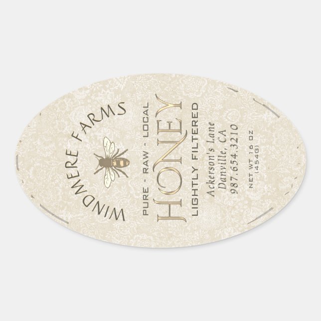 Queenline Honey Label 16/32oz Honeycomb Bee Gold Ovaler Aufkleber (Vorderseite)