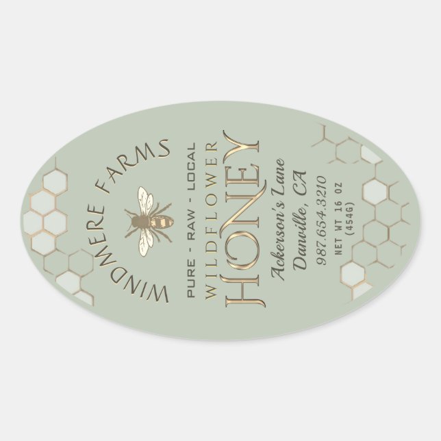 Queenline Honey Label 16/32oz Honeycomb Bee Sage Ovaler Aufkleber (Vorderseite)