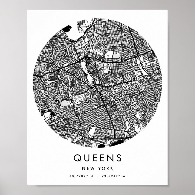 Queens New York Minimal Modern Circle Street Map Poster (Vorne)