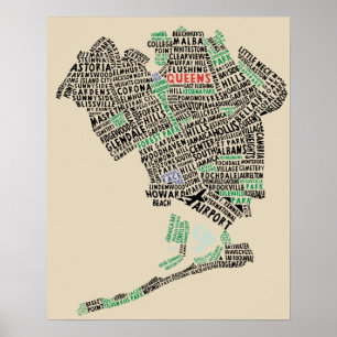 Queens, New York Typografy Map Art Poster