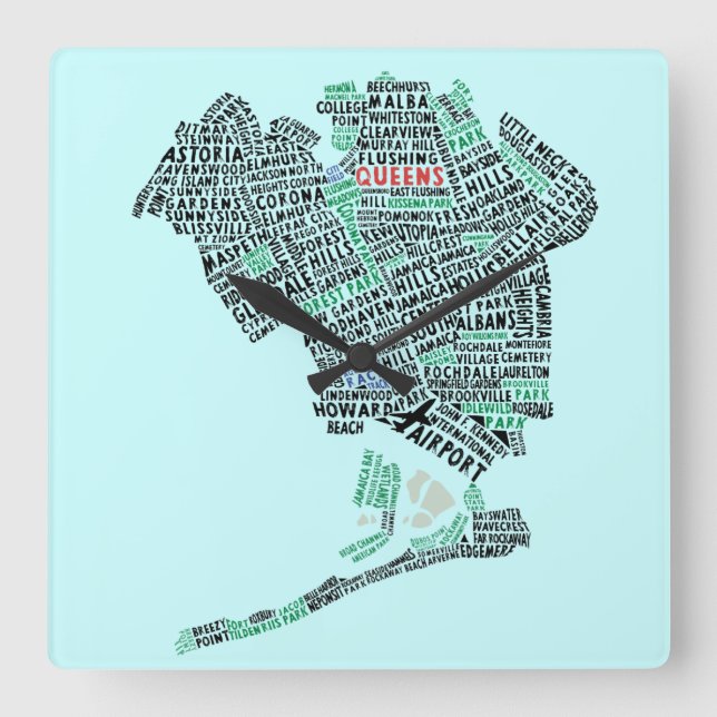 Queens NY Typografy Map Art Wall Clock Quadratische Wanduhr (Vorderseite)