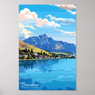 Queenstown New Zealand Travel Art Vintag Poster